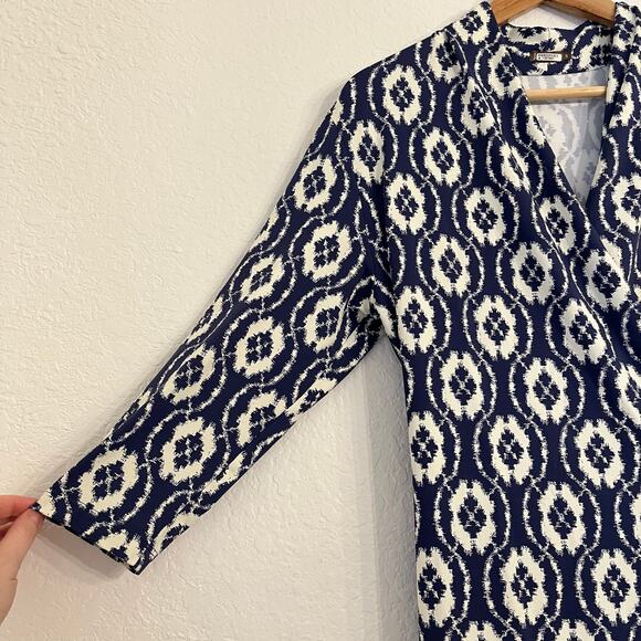 J. McLaughlin Catalina Cloth Faux-Wrap Dress Small Navy Geometric Office Stretch - Picture 3 of 13